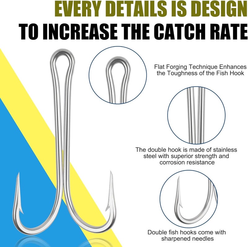 VATEICO Classic Double Fishing Hooks,Stainless Steel Fishing Double Frog Hooks with Open Shank Barbed Hooks for Saltwater Freshwater - Image 3